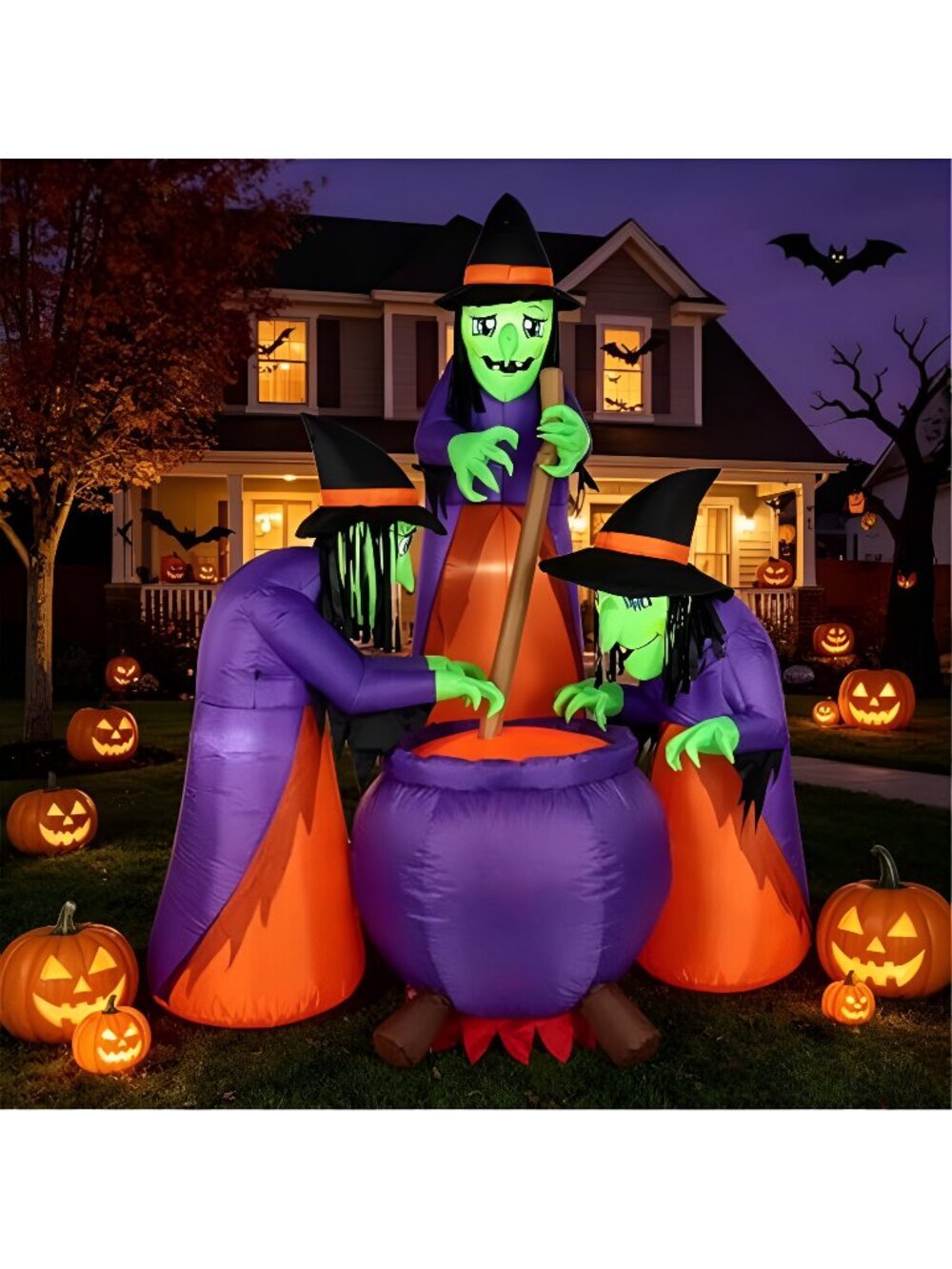 6 FT Halloween Inflatables with Built-in LEDs, Three Witches Around a Cauldron
